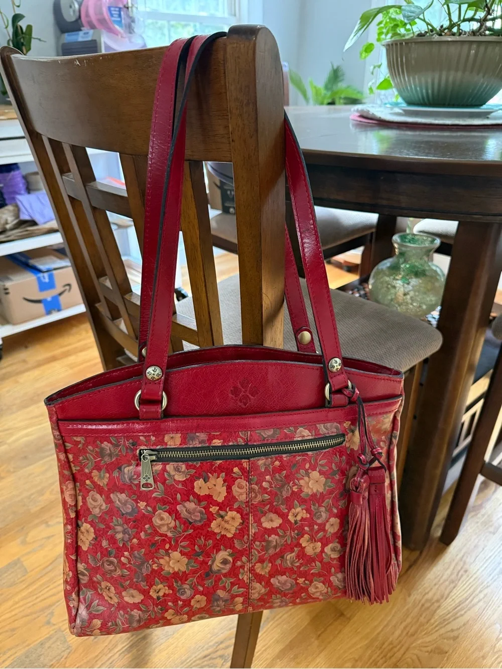Patricia Nash Red Floral Leather Tassel Shoulder Bag